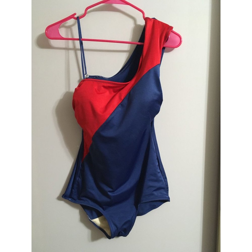 SeaScamp Large(12) Vintage Red Blue Color Block One Piece Union Tag Swim Suit